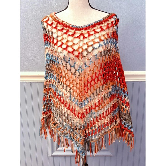 Sweaters - Handmade Crochet Poncho with Fringe | Boho Multicolor Poncho | One of a Kind